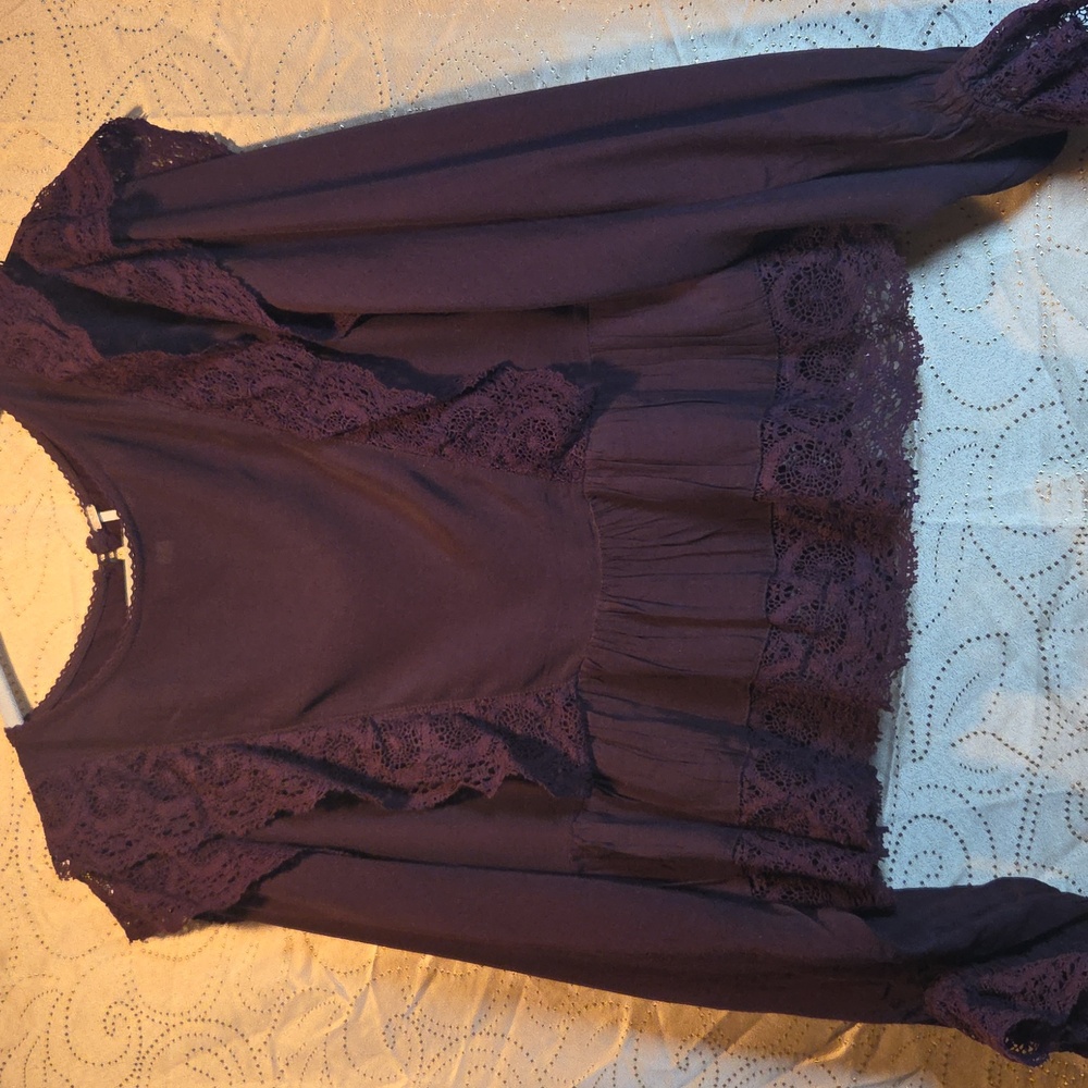 Free People Deep Purple Top with Lace Detail,sz M.